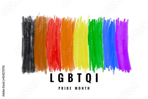 Drawing lines in rainbow colours with texts 'LGBTQI PRIDE MONTH", concept for celebration of lgbtqai communities in pride month or in June around the world.