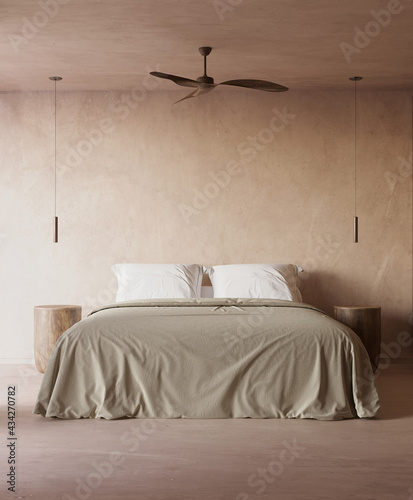 3d rendering of a beige atmospheric relaxed boheme style summer bedroom with textured plastering on the walls photo