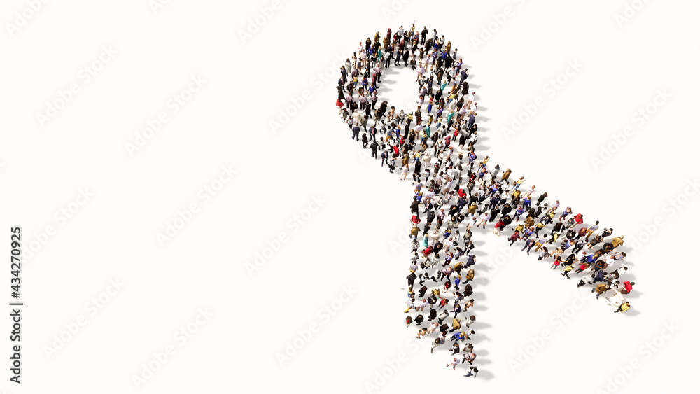 Concept conceptual large community of people forming the image of breast cancer symbol. 3d illustration metaphor for awareness, solidarity, life, prevention, support, help and cure - obrazy, fototapety, plakaty 