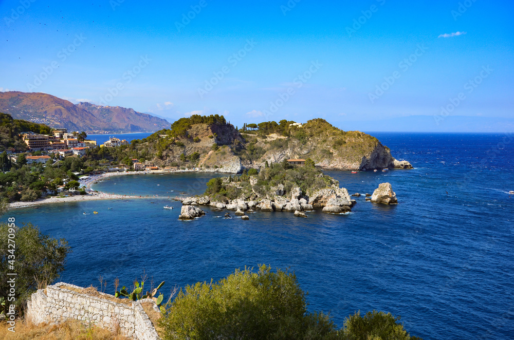 The small island Isola Bella off the coast of Taormina, Sicily, view to the beach of Mazzaro, Ionian sea