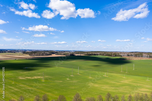 Aerial view of agricultural landscape with fields in spring season.