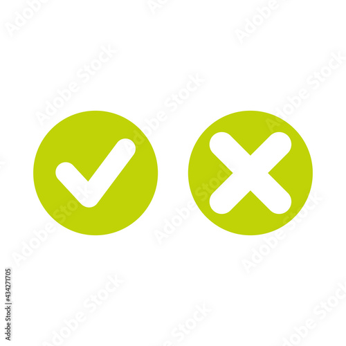 Set of check mark icons. rounded olive green tick and cross in circle. Flat cartoon style buttons. photo