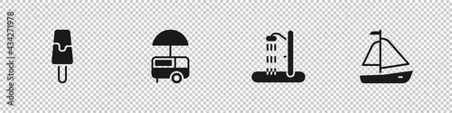 Set Ice cream, Fast street food cart, Beach shower and Yacht sailboat icon. Vector