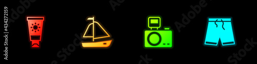 Set Sunscreen cream in tube, Yacht sailboat, Photo camera with flash and Swimming trunks icon. Vector