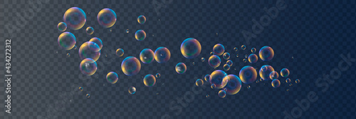 Set of realistic colorful soap bubbles to create a design. Transparent realistic soap bubbles isolated on transparent background.