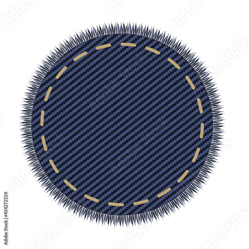 Circle denim patch with stich. Embroidery on jeans canvas. Tor shape lable or tag