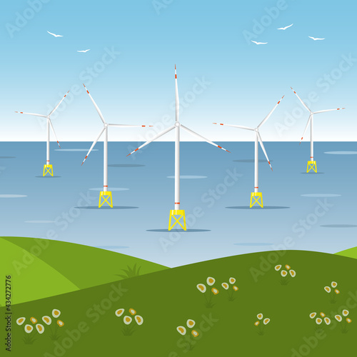 Wind farm offshore. Sea wind turbines.