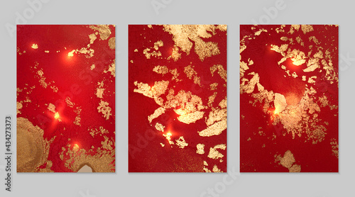 Raspberry red and gold pattern with texture of geode and sparkles. Abstract vector background in alcohol ink technique. Modern paint with glitter. Set of backdrops for banner, poster design. Fluid art