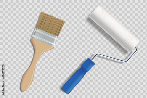 Paint roller and brush tools on a transparent background