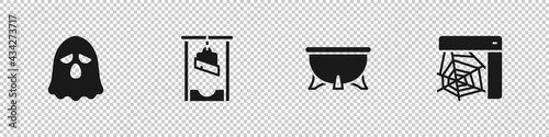 Set Ghost, Guillotine, Halloween witch cauldron and Spider web icon. Vector