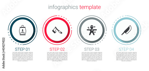 Set Camping lantern, Wooden axe, Voodoo doll and Knife. Business infographic template. Vector