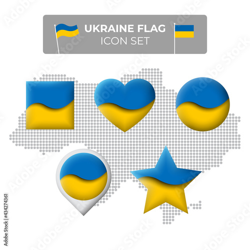 Ukraine flag icons set in the shape of square, heart, circle, stars and pointer, map marker. Mosaic map of ukraine. Waving in the wind. Paper cut. Vector ukrainian symbol, icon, button