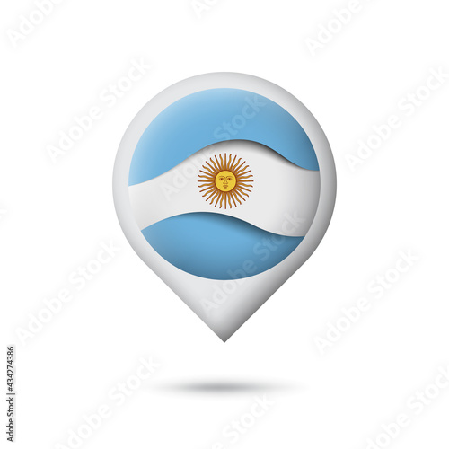 Argentina flag icon in the shape of pointer, map marker. Waving in the wind. Abstract argentine waving flag. Paper cut style. Vector symbol, icon, button