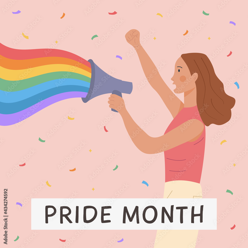 Vector Square Banner with LGBT person holding megaphone with rainbow ...
