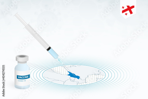 COVID-19 vaccination in Georgia, coronavirus vaccination illustration with vaccine bottle and syringe injection in map of Georgia.