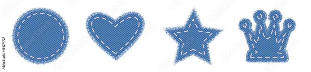 Denim crown and star design. Jeans canvas set in heart and round shape for label and sale tags. Denim crown and star design. Jeans canvas set in heart and round shape for label and sale tags.