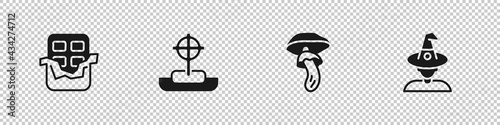 Set Chocolate bar, Tombstone with cross, Psilocybin mushroom and Witch icon. Vector