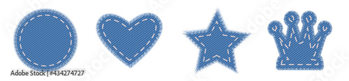 Denim crown and star design. Jeans canvas set in heart and round shape for label and sale tags.