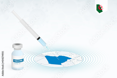 COVID-19 vaccination in Algeria, coronavirus vaccination illustration with vaccine bottle and syringe injection in map of Algeria.