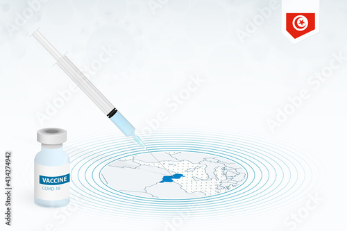 COVID-19 vaccination in Tunisia, coronavirus vaccination illustration with vaccine bottle and syringe injection in map of Tunisia.
