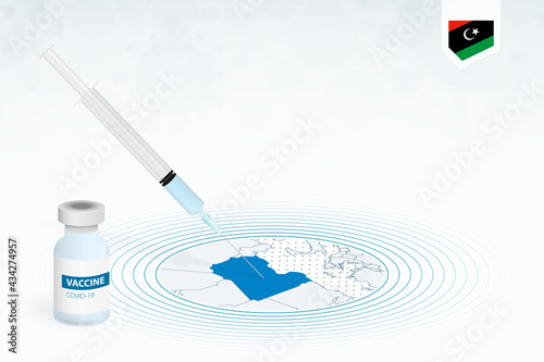 COVID-19 vaccination in Libya, coronavirus vaccination illustration with vaccine bottle and syringe injection in map of Libya.