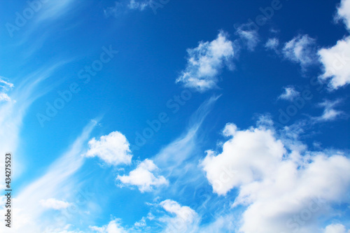 Beautiful blue sky and white cirrocumulus clouds. Background. Scenery. Texture.