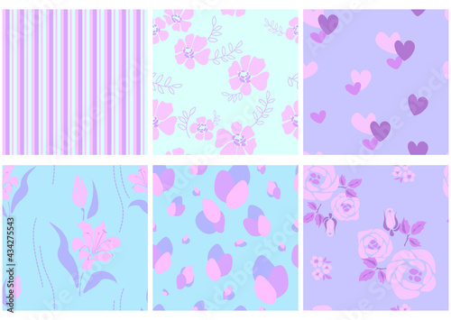 Set of abstract vector seamless patterns with abstract
 and geometric shapes, decorative flowers and elements. For scrapbook design, wallpapers, textiles, backgrounds, paper, cards and greetings. 