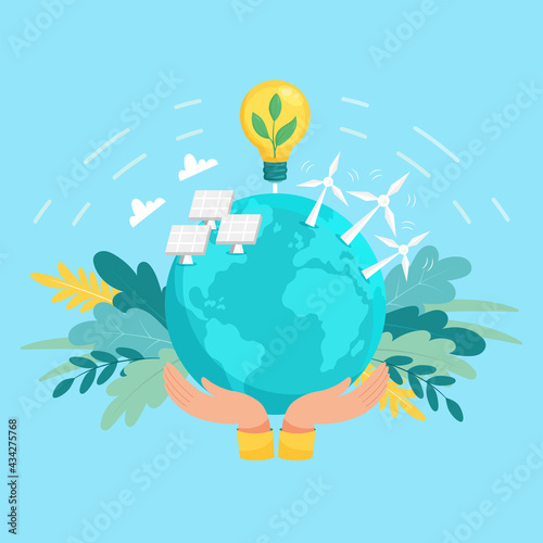 Alternative Clean Energy Concept with Wind Turbines and Solar Panels. Renewable Power Sources with Windmills. Save energy and the planet. Flat illustration
