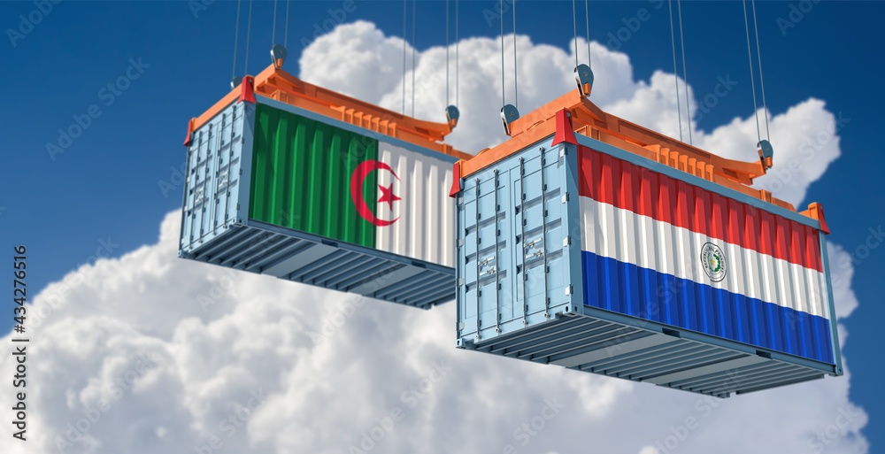 Two freight container with Paraguay and Algeria flag. 3D Rendering