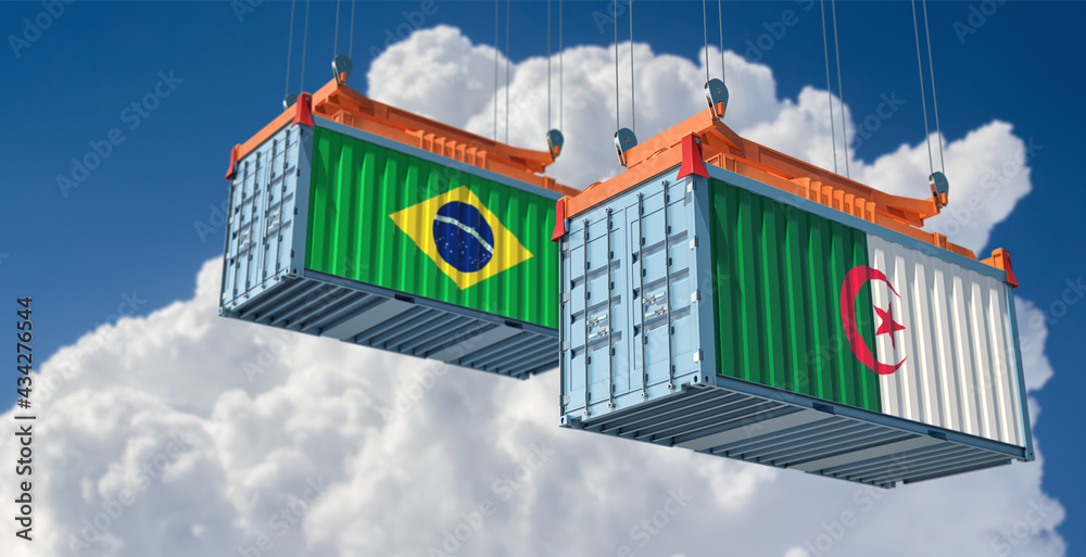 Two freight container with Brazil and Algeria flag. 3D Rendering