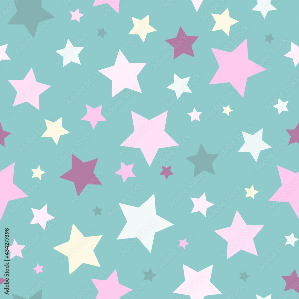 Seamless cute pattern with pink, yellow and green stars on pastel blue background. Seamless cute pattern with pink, yellow and green stars on pastel blue background.