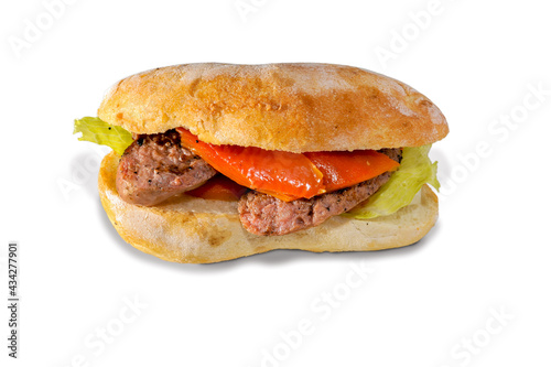 Sandwich with grilled sausage, bell pepper and lettuce, isolated on white, copy space