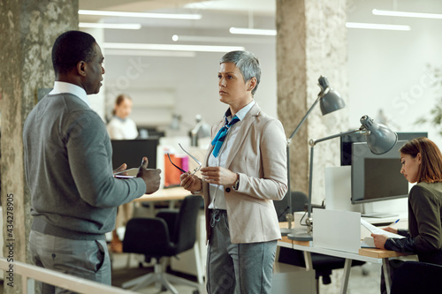 Female executive director listening to African American businessman during the conversation in the office.