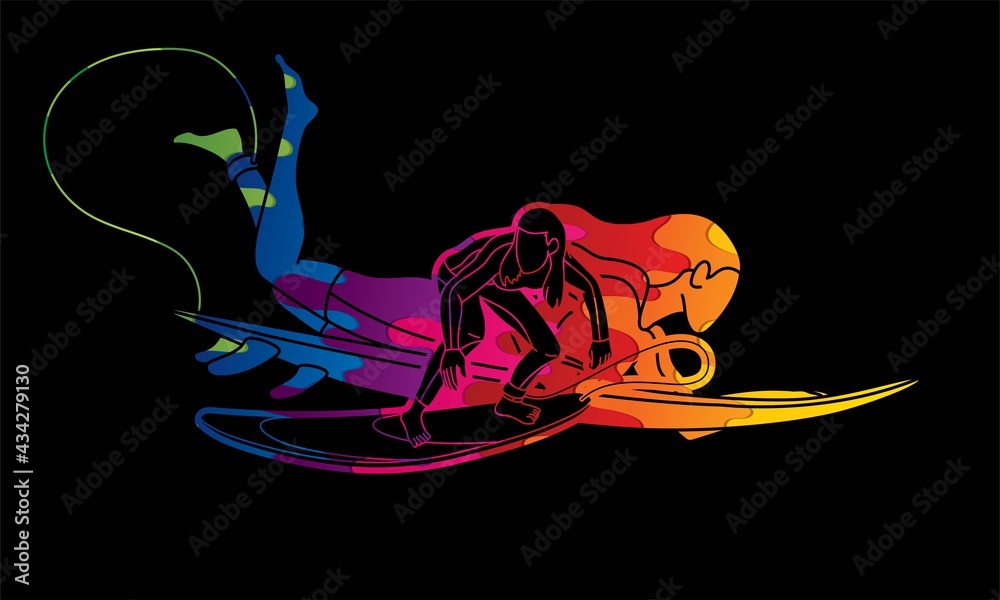 Fototapeta premium Surfing Sport Surfer Woman Players Action Cartoon Graphic Vector
