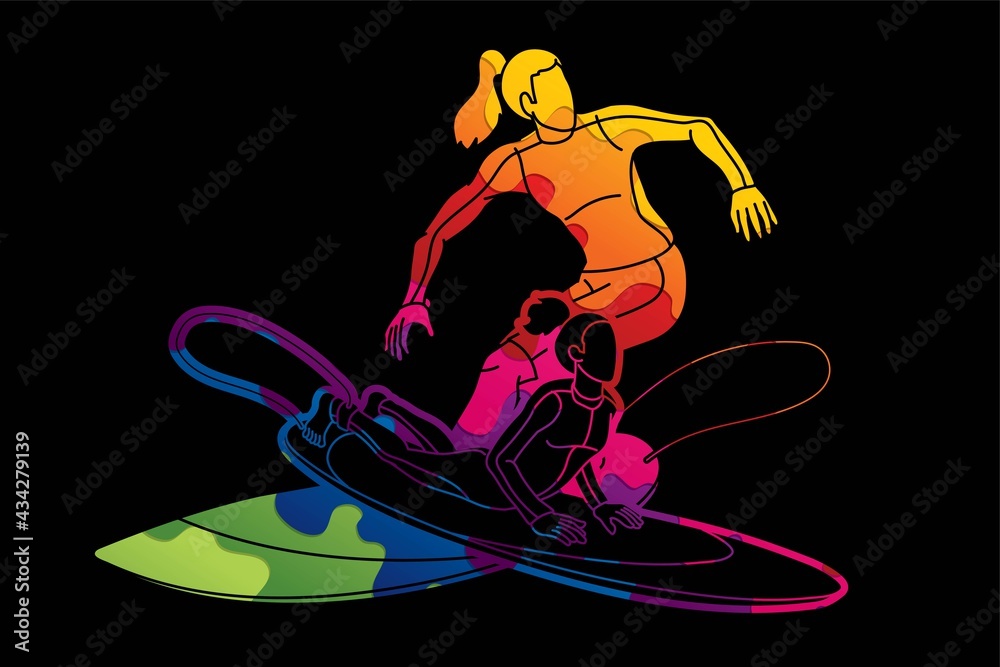 Surfing Sport Surfer Woman Players Action Cartoon Graphic Vector