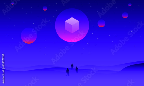 Silhouette of people in valley with dark background with galaxy and star moon