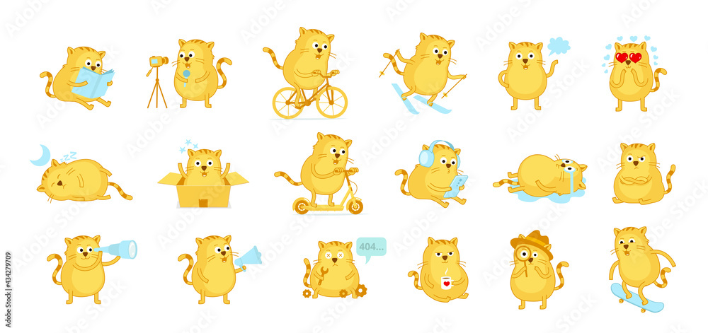Cat big set of stickers. Mascot character. Active lifestyle pet situation. Music headphones. Detective look. Love coffee. Cartoon vector. Cat big set of stickers. Mascot character. Active lifestyle pet situation. Music headphones. Detective look. Love coffee. Cartoon vector.