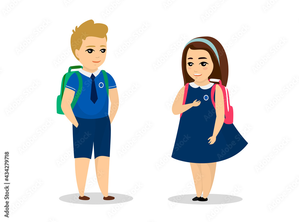 Schoolboy and schoolgirl stand in blue uniform. Cute cartoon smiling male and female schoolchild with schoolbag. Schoolkid boy and happy pupil girl. Classmates back to school vector illustration Schoolboy and schoolgirl stand in blue uniform. Cute cartoon smiling male and female schoolchild with schoolbag. Schoolkid boy and happy pupil girl. Classmates back to school vector illustration