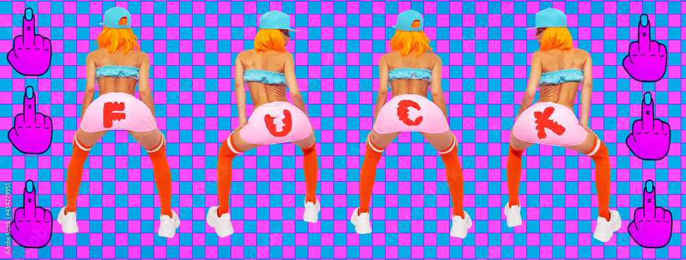 Fototapeta premium Contemporary digital collage art. Fashion Girl back in 90s. Pop zine, skate, street, urban culture. Fuck text vibes