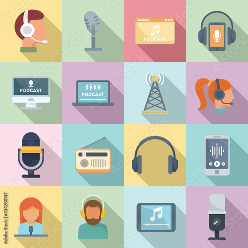 Podcast icons set, flat style