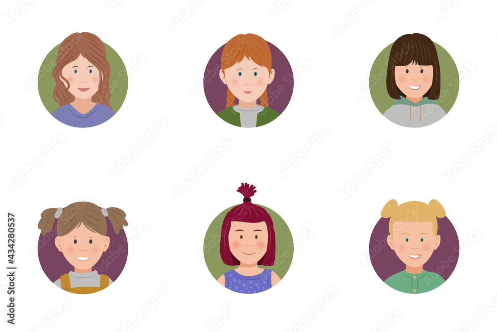 Set of cute little girls cartoon avatar-character face in a circle, flat vector illustration isolated on a white background. Set of cute little girls cartoon avatar-character face in a circle, flat vector illustration isolated on a white background.