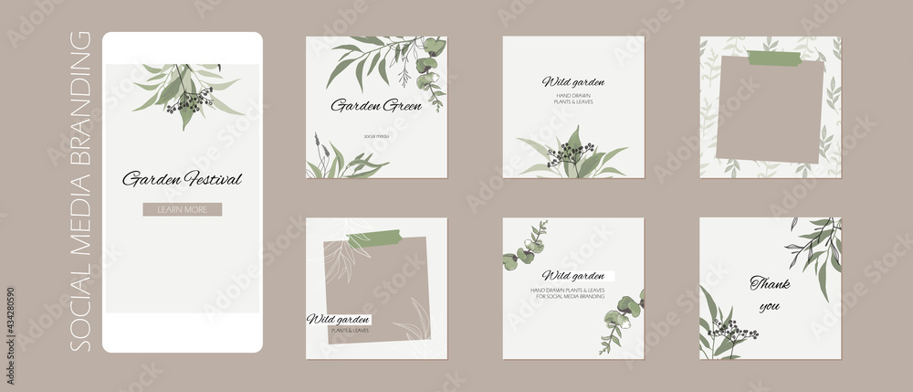 abstract Instagram story post feed background, web banner template with copy space. green floral sketch spring herb layout mock up. for beauty, jewelry, skin care, wedding, makeup, food, restaurant - obrazy, fototapety, plakaty 