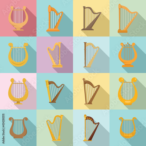Harp icons set, flat style