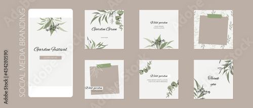 abstract Instagram story post feed background, web banner template with copy space. green floral sketch spring herb layout mock up. for beauty, jewelry, skin care, wedding, makeup, food, restaurant