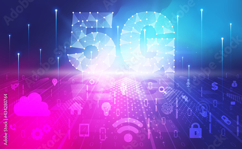 5G network wireless internet Wi-fi connection abstract background concept, Digital technology banner pink blue background binary code, abstract tech big data communication, High speed broadband vector