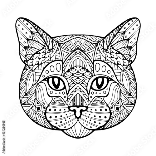 Patterned black, white cat, kitten head. Abstract ethnic monochrome cat face in ornamental style. Logo. Head leopard, lion, cheetah. Drawn by hand. Cartoon style vector illustration. Doodle, Zentangle