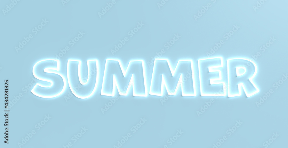 Summer neon text and light blue Background. 3D render