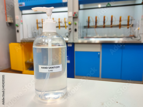 Malaysia, Perak, 30 April 2021: A bottle of hand sanitizer placed on a table in a laboratory.