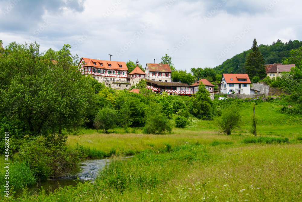 Beautiful view of the ancient village of Gundelfingen, Germany with many old half-timbered houses. The village is located in the UNESCO Biosphere Reserve.