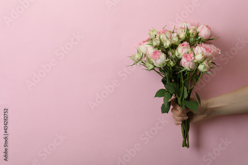 Female hand hold roses on pink background